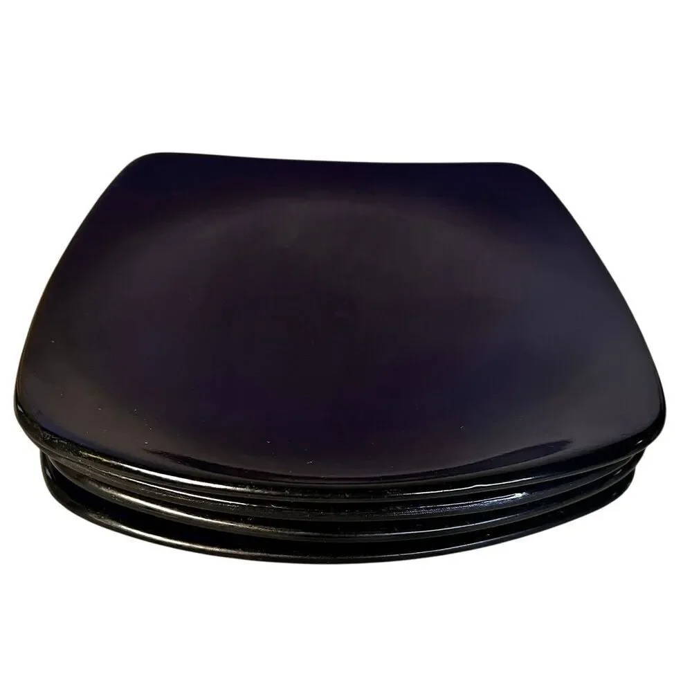 Set of 4 CORELLE HEARTHSTONE Stoneware Dinner Plates Cobalt Indigo Black Square